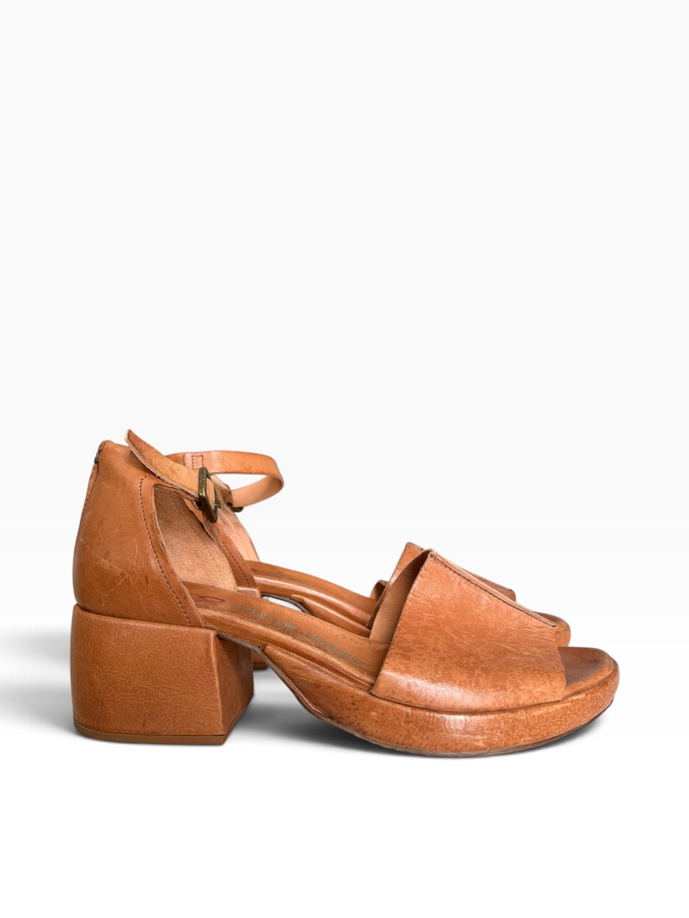 A.S.98 Cognac Italian Leather Block Heel Ankle Strap Sandals Boho Artisan 41